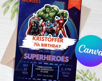 Superheld uitnodiging | Avengers partij bewerkbaar | Sjabloon voor uitnodiging voor superheldenfeest | Marvel bewerkbare verjaardagsfeestje uitnodiging voor jongens