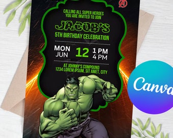 Hulk bewerkbare uitnodiging | Superheld verjaardag uitnodigen | De Hulk verjaardagsuitnodiging | Digitale uitnodiging | Super helden verjaardagsuitnodiging