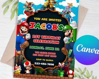 Mario-verjaardagsfeestje | Mario verjaardag uitnodigen | Super Brothers jongen uitnodigen | Digitale verjaardag Kid uitnodigen | Bewerkbare sjabloon | Mario-broers
