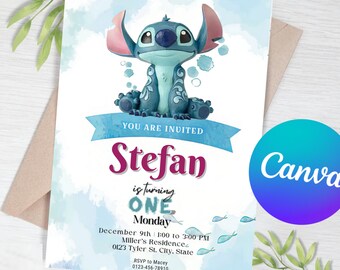Bewerkbare Lilo en Stitch verjaardagsuitnodiging sjabloon. Digitale kinderfeestsjabloon, jongens uitnodigen, afdrukbaar bewerkbaar in Canva, digitale uitnodiging