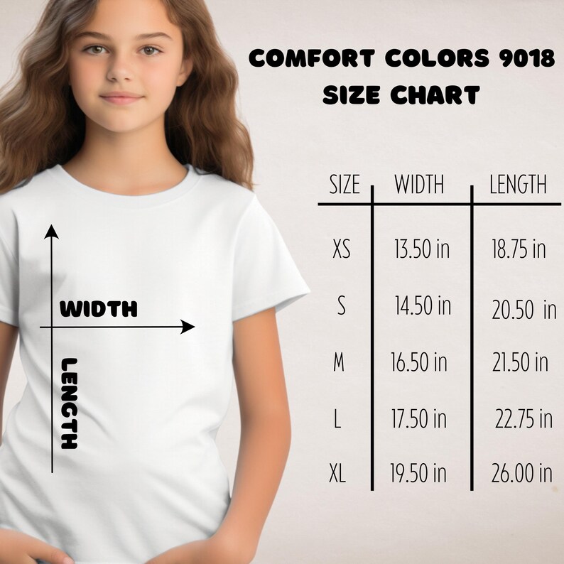 May include: A Comfort Colors 9018 size chart featuring a white t-shirt with black arrows indicating width and length measurements. The table lists sizes XS through XL with corresponding dimensions in inches for width and length for each size.