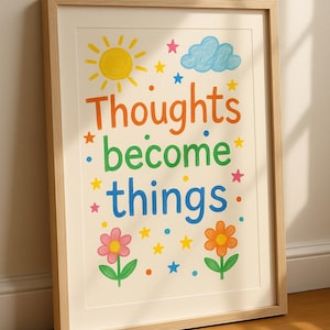 Thoughts Become Things Printable Poster | Crayon-Style Mental Health Wall Art | Positive Affirmation Digital Download Therapy Decor