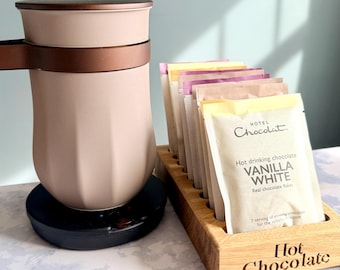 Unique Oak Velvetiser Sachet Holder, Hot Chocolate Board, Storage Cup Organiser Personalised Bespoke Hotel Chocolate kitchen storage gift
