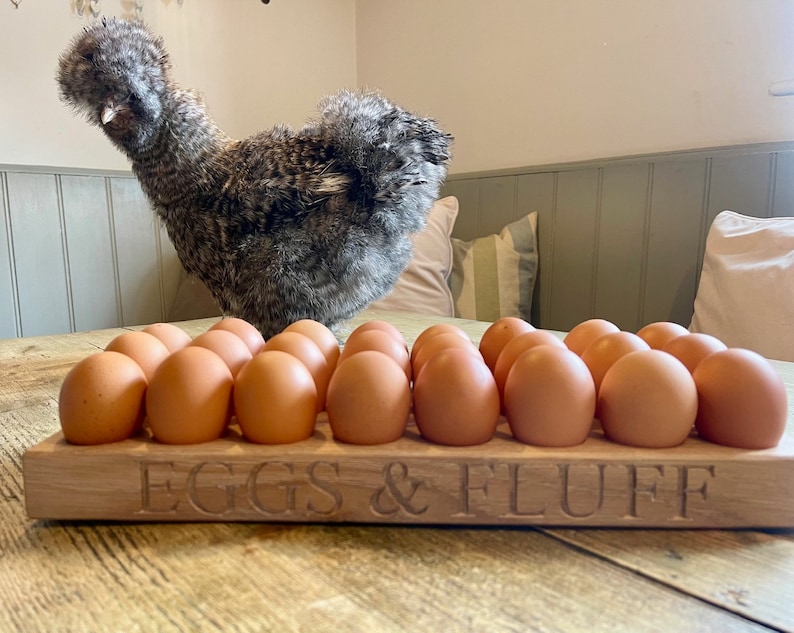 May include: A wooden egg holder with the text "EGGS & FLUFF" engraved on the front. The holder is filled with brown eggs. A fluffy gray chicken is standing behind the holder.