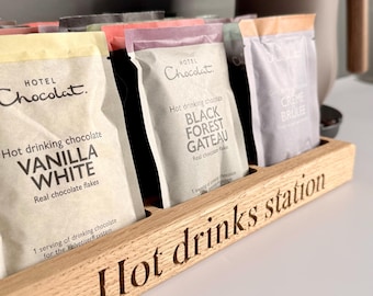 Solid Oak Velvetiser Sachet holder, unique wooden storage board bespoke personalised hot chocolate organiser handmade bespoke hotel chocolat
