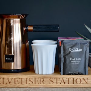 Personalised Oak Hot Chocolate Storage Board, Handmade Velvetiser Engraved Station,  Wedding 5th Anniversary Birthday Great for Organisation