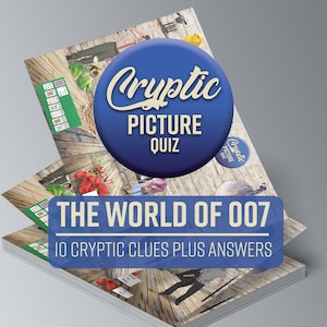 Puede incluir: Una pila de revistas azules y blancas con el título "Cryptic Picture Quiz: The World of 007" y el texto "10 Cryptic Clues Plus Answers".