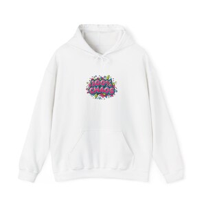 May include: White hoodie with a front pocket and a drawstring. The chest displays the text "100% CHAOS" in a colourful, bubble-style design. The graphic incorporates pink, blue, green, and yellow accents.