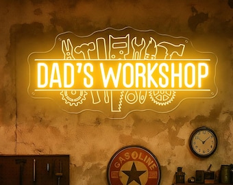 Letrero de neón personalizado para taller, decoración personalizada para el espacio personal del padre, letrero LED para taller, decoración para el cobertizo del padre, letrero de pared para garaje, letrero para taller mecánico, regalo para papá