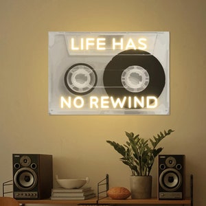 Neonowe znaki Life Has No Rewind, Dekoracja ścienna Life Has No Rewind, Motywująca sztuka ścienna z cytatem, Dekoracja salonu, Sztuka ścienna z kasetą, Zabawny znak