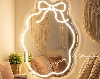 Custom Bow Name Neon Sign Mirror, Dorm Neon Sign, Girly Room Dorm decor, Bow Name Decor, Personalized Mirror Wall Art ,Mirror Saloon Decor
