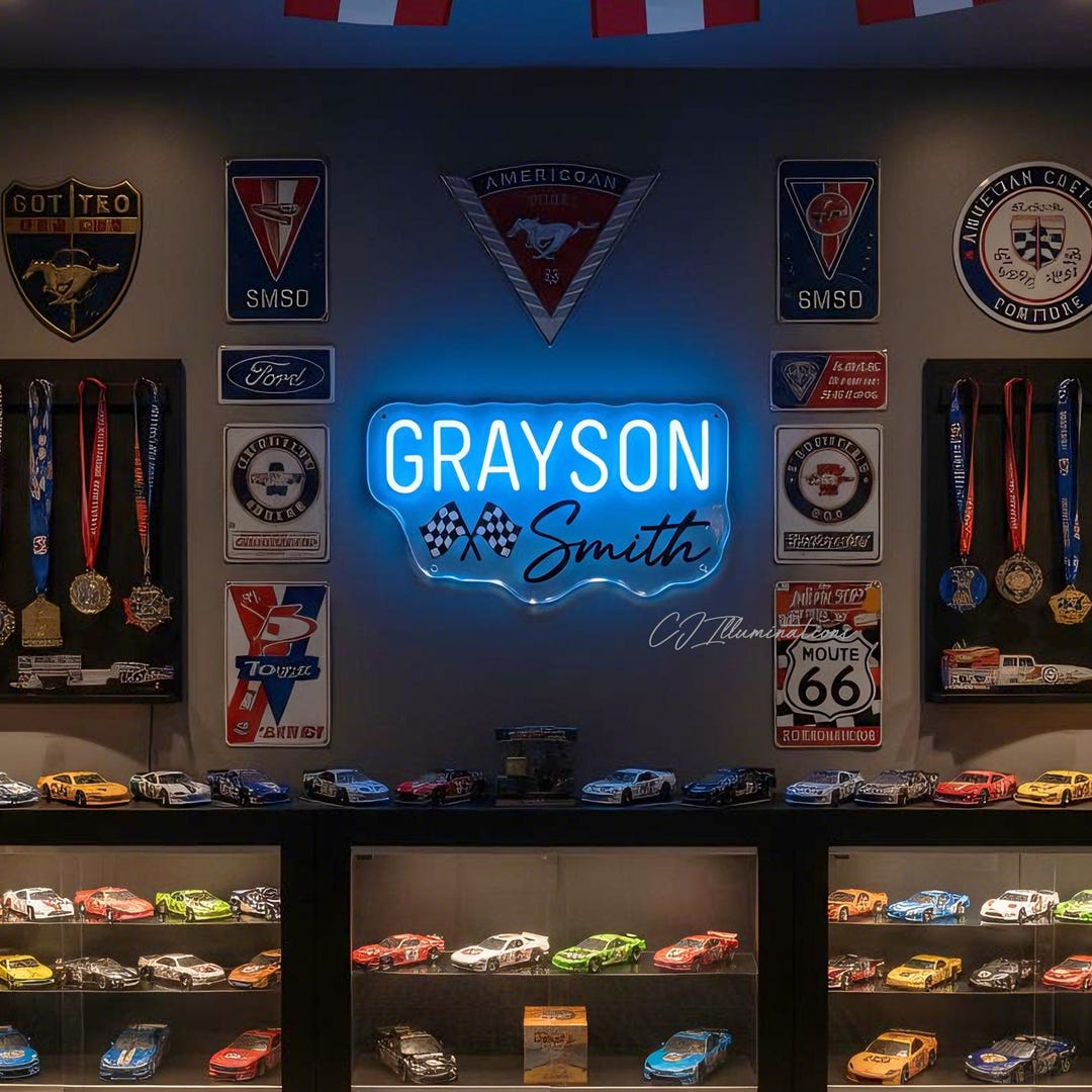 Custom Racing Wall Signs Light Custom Race Name Neon Sign, Personalized Racing Garage Decor, Flag ...