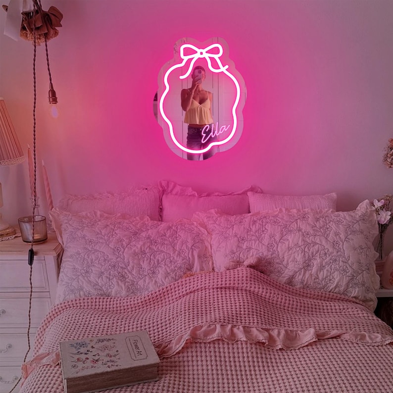 Bow Neon Sign Mirror with Custom Name
