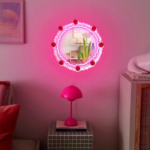 Circle Mirror Neon Sign, Cherry Fake Cake Mirror Sign, Circle Mirror With Sprinkles And Cherries, Home Decor Mirror, Cute Cherry Mirror