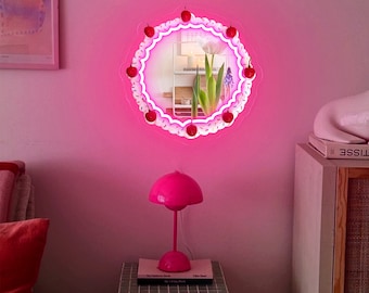 Neonskylt med rund spegel, spegelskylt med körsbärstårta, rund spegel med strössel och körsbär, spegel för heminredning, söt körsbärsspegel