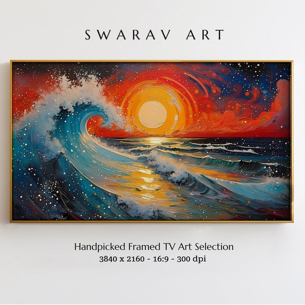 Ocean Sunset Splendor: Vibrant Oil Painting Samsung Frame TV Art, Sunset Ocean Oil Painting, Vivid Digital Print, Star-filled Sky Wall Art