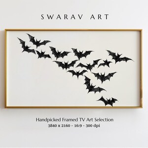 May include: Framed artwork featuring a flock of black bats against a white background. The bats are drawn in a detailed, stylized manner, creating a dynamic composition. The artwork is enclosed in a gold frame, with the text "SWARAV ART" at the top.