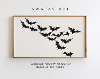 May include: Framed artwork featuring a flock of black bats against a white background. The bats are drawn in a detailed, stylized manner, creating a dynamic composition. The artwork is enclosed in a gold frame, with the text "SWARAV ART" at the top.