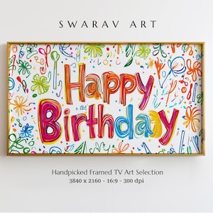 Verjaardag lijst tv-kunst, levendige gelukkige verjaardag digitale print, kleurrijke doodle illustratie, tv-decor verjaardagsfeestje, instant download