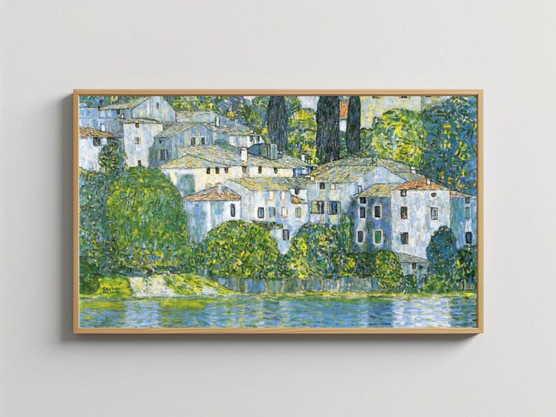 May include: A painting of a village with white buildings and green trees along a blue lake. The buildings are clustered together and have a variety of shapes and sizes. The trees are lush and green, and the lake is calm and serene.
