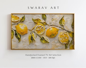 Frame TV Art, Citrus Lemon Textured TV Art, Lemon Branch Palette Knife Painting, Acrylic Digital Print, Cream-Background, Digital Download