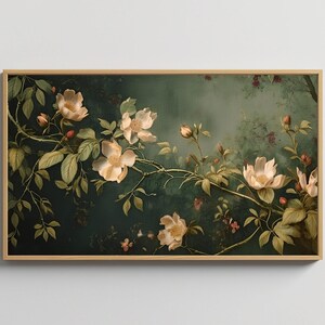 May include: A vintage-style painting of white flowers with green leaves and stems on a dark green background. The flowers are in bloom and have a soft, delicate appearance.