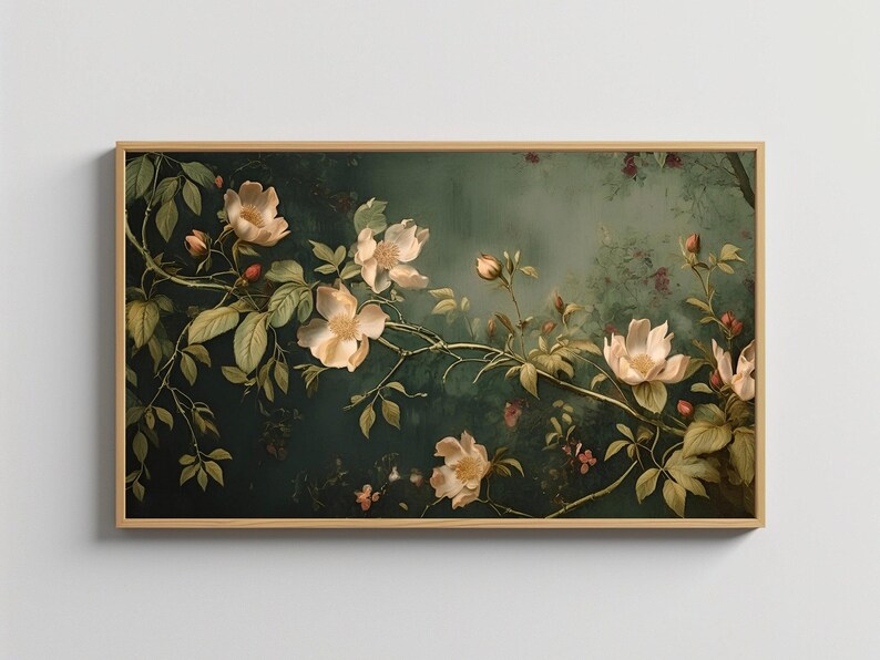 May include: A vintage-style painting of white flowers with green leaves and stems on a dark green background. The flowers are in bloom and have a soft, delicate appearance.