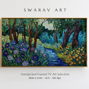 May include: A framed oil painting depicting a forest scene with a blue stream running through it. The trees are painted in shades of green and brown, and the stream is surrounded by blue and yellow flowers.