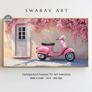 Cadre pour la télévision, impression numérique de charmante trottinette rose Vespa avec des accents floraux, cadre élégant pour la télévision, Vespa, fleurs roses, téléchargement numérique