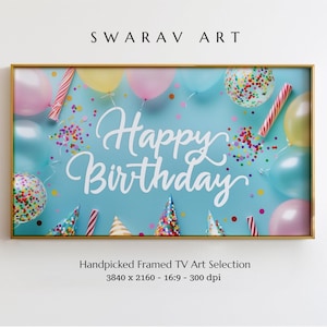 Birthday Frame TV Art, Vibrant Balloons Confetti Hat Decor, Happy Birthday TV Decor, Celebration Frame TV Art, Light Blue, Digital Download