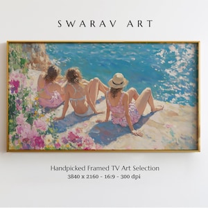 May include: Three women in swimsuits relax on a rocky beach with pink flowers. The women are wearing straw hats and are enjoying the sunny day. The painting is in a gold frame.