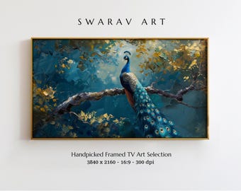 Majestic Peacock Frame TV Art: Golden Leaves Oil Painting (Digital Download)