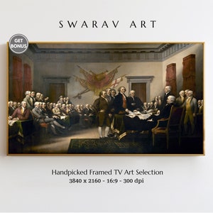 May include: A framed historical painting depicting a gathering of men in a room, likely a signing of a document. The artwork is in a gold frame and is labeled "Handpicked Framed TV Art Selection" with the text "SWARAV ART" at the top.