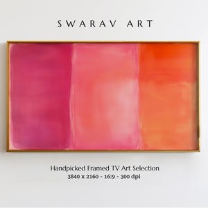 Könnte beinhalten: Abstraktes Gemälde in einem goldenen Rahmen mit drei vertikalen Streifen in Pink, Hellrosa und Orange. Das Gemälde trägt den Titel "Handpicked Framed TV Art Selection" und hat eine Auflösung von 3840 x 2160 Pixel.