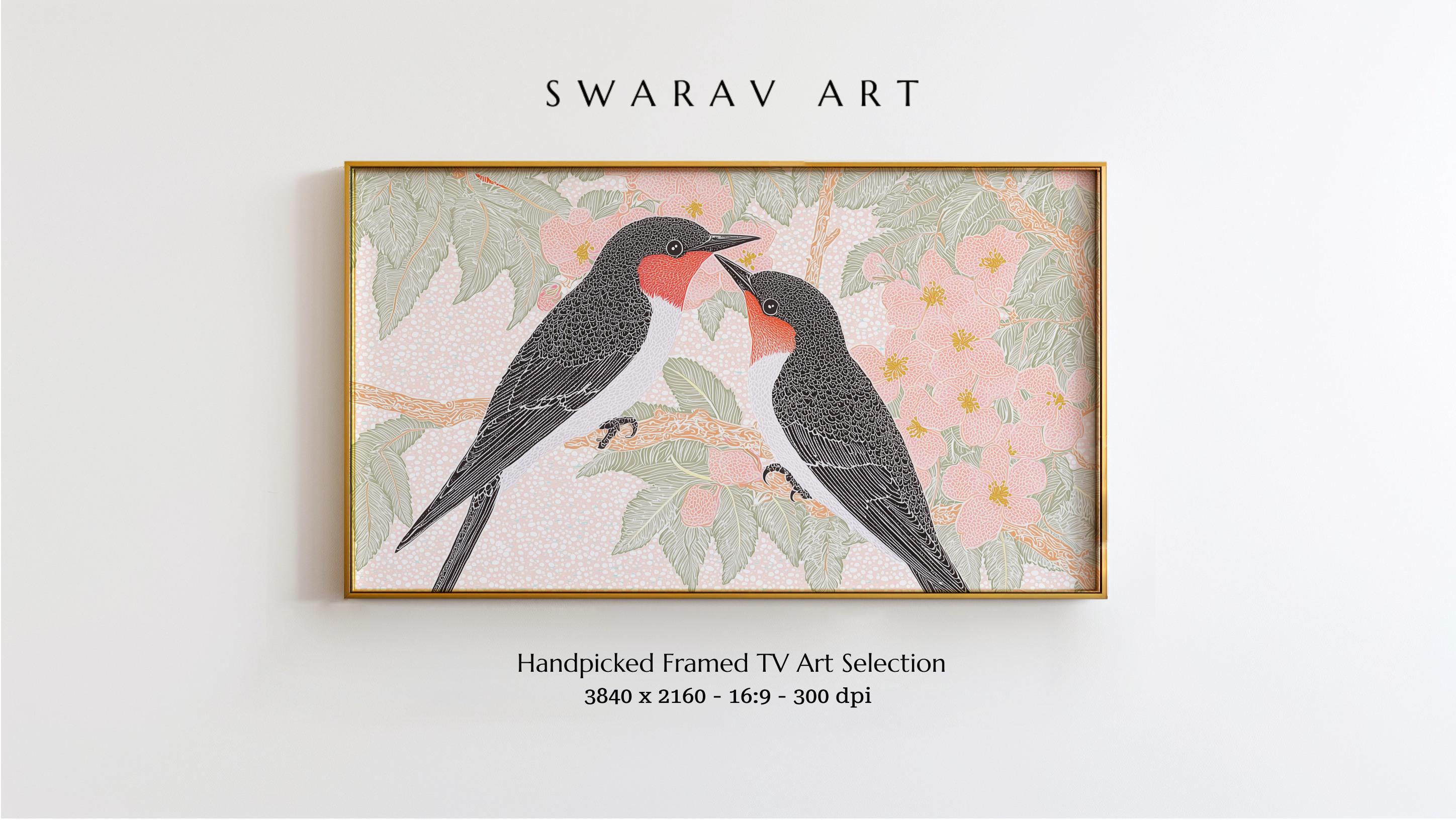 Frame TV Art, Swallows & Peach Blossoms, Digital Print for Samsung Frame TV, Frame TV Art Summer, Frame Tv Art Botanical, Digital Download