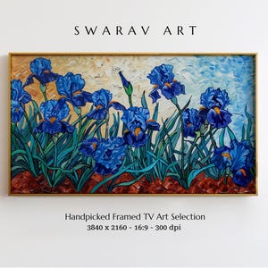 Frame TV Art, Blue Irises Oil Painting, Van Gogh Style Digital Print, Vibrant Impasto Art for Frame TV, Bold Brushwork, Digital Download