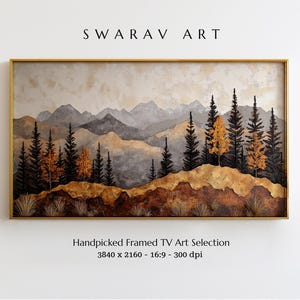 Puede incluir: Una pintura de paisaje enmarcada con una cordillera de montañas en el fondo y un bosque de árboles en primer plano. Los árboles son una mezcla de verde y marrón, y las montañas son una mezcla de gris y marrón. La pintura está sobre un fondo blanco.