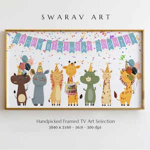 Arte de TV con marco personalizado, arte de TV con marco de cumpleaños, adorables animales de dibujos animados, arte de TV con marco de celebración, arte de TV con pancarta personalizada, descarga instantánea