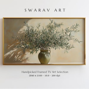 Frame TV Art, Vintage Greek Olive Tree Painting in Vase, Neutral Tone Still Life Digital Print, Minimalist Frame TV Art, Digital Download