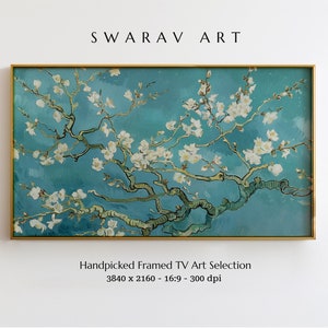 May include: A framed print of a painting of a blooming almond tree with white flowers against a blue sky. The print is in a gold frame and is 3840 x 2160 pixels, 16:9 aspect ratio, and 300 dpi.