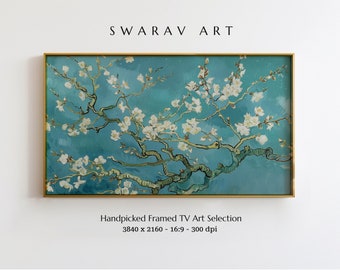 Frame TV Art, Van Gogh Inspired Almond Blossom Tree, Teal & White Digital Print for Samsung Frame TV, Elegant Frame TV Art, Digital Download