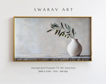Olive Branch Still Life Painting: Neutral Tone Frame TV Art (Digital Download)