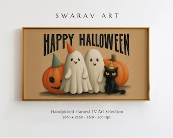 May include: Framed Halloween art print featuring pumpkins, ghosts, and a black cat. The words "HAPPY HALLOWEEN" are displayed above the illustrations. The artwork has a vintage style and is set against a tan background.