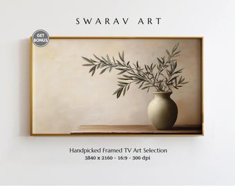 Frame TV Art, Vintage Olive Branch in Vase Painting, Neutral Tone Still Life Digital Print, Samsung Frame TV Art, Minimalist Frame TV Art