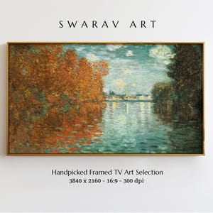 May include: A framed painting of a river scene with trees on either side. The water is a light blue and the trees are a mix of green and brown. The sky is a light blue with some clouds. The painting is in a gold frame.