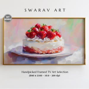 Könnte beinhalten: Ein gerahmter Kunstdruck mit einem Gemälde eines Erdbeerkuchens auf einem weißen Teller. Der Kuchen ist mit frischen Erdbeeren und Sahne belegt. Das Kunstwerk hat einen weichen, farbenfrohen Hintergrund. Der Rahmen ist goldfarben. Der Text "SWARAV ART" steht oben.
