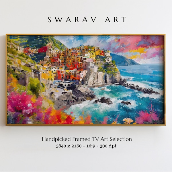 Fascino costiero delle Cinque Terre: stampa su tela iperrealistica per Samsung Frame TV, pittura iperrealistica della costa italiana, vivace paesaggio marino