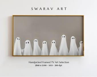 May include: A framed print of a row of white ghosts with black eyes against a light brown background. The frame is gold and the print is 3840 x 2160 pixels, 16:9 aspect ratio, and 300 dpi.