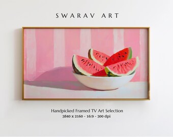 Frame TV Art, Watermelon Still Life Artwork, Summer Fruit Painting in Bowl, Pink Striped Background, Summer Frame TV Art, Digital Download