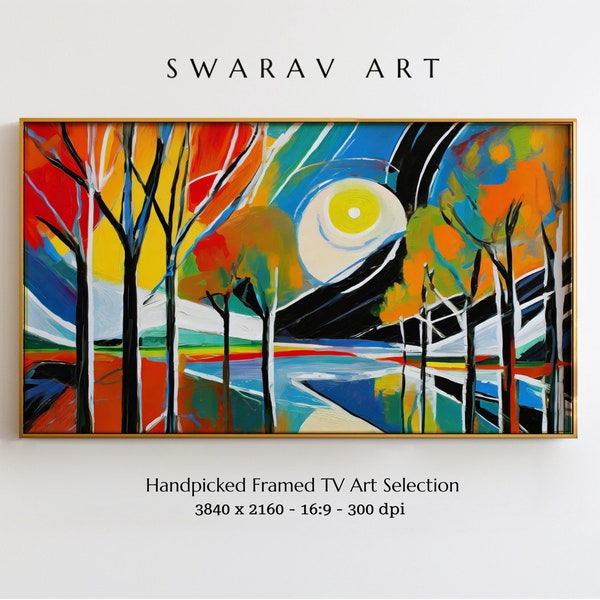 Vibrant Fauvism Landscape: Abstract Samsung Frame TV Art, Abstract Trees & Lake Scene with Dramatic Lighting, Modern Interior Wall Decor